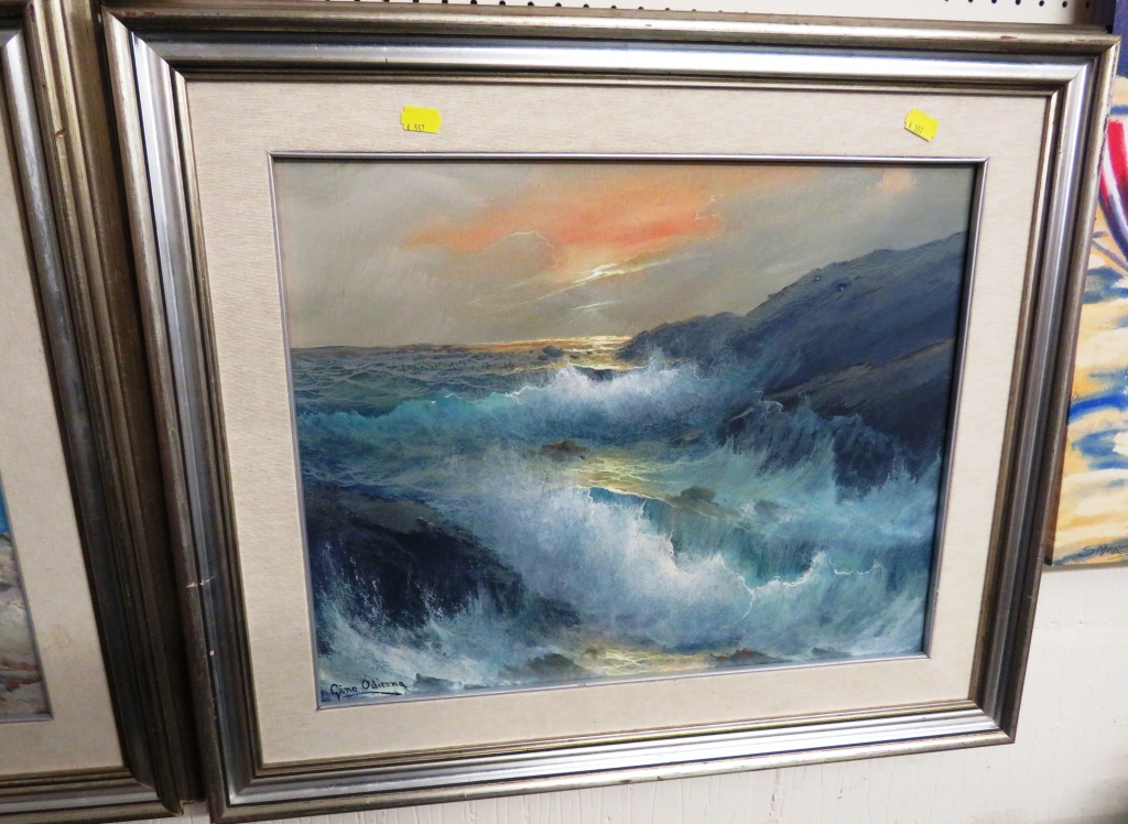 FRAMED OIL ON CANVAS OF FISHING BOATS AND FRAMED OIL ON CANVAS OF BREAKING WAVES, BOTH SIGNED - Image 2 of 3