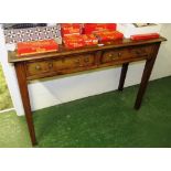 NARROW OAK HALL TABLE ON TAPERED LEGS WITH TWO DRAWERS AND BRASS HANDLES
