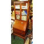 NARROW MAHOGANY BUREAU BOOKCASE WITH TWO GLAZED DOORS TO TOP AND FOUR DRAWERS TO BASE (KEY IN