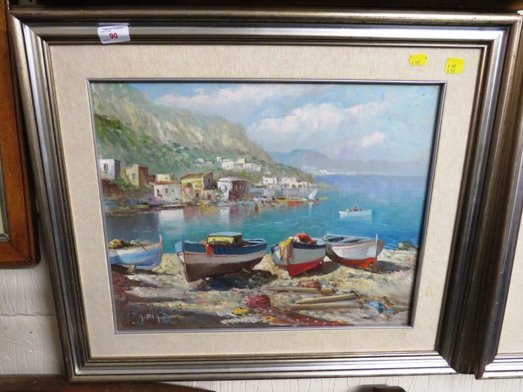 FRAMED OIL ON CANVAS OF FISHING BOATS AND FRAMED OIL ON CANVAS OF BREAKING WAVES, BOTH SIGNED