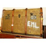WOODEN BANDED CANVAS COVERED STEAMER TRUNK
