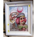 OIL ON CANVAS PORTRAIT OF CLOWNS SIGNED LOWER LEFT, TOGETHER WITH TWO FRAMED AND MOUNTED PRINTS