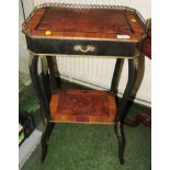 MAHOGANY AND WALNUT VENEERED SINGLE DRAWER SIDE TABLE WITH APPLIED GILT DECORATION AND STRETCHED