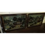 Pair of Japanese reverse glass painted scenes depicting gardens with decoupage figures, the back
