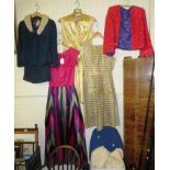 Vintage lady's clothes - a striped silk dress, two gold colour dresses (one labelled Evelyn M