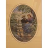 The courting couple, watercolour, signed Chas Rowbotham lower left and dated 1877, (20cm x 12cm)