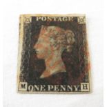 A one penny black postage stamp, cyphers 'M' and 'H'