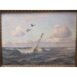 Choppy sea with broom buoy and two ducks in flight, oil on canvas, (46cm x 64cm) signed C. HOYRUP.