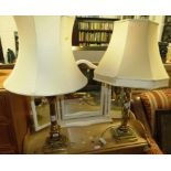 TWO BRASS EFFECT TABLE LAMPS WITH SHADES (ONE NEEDS PLUG)