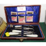 VINTAGE SEWING SET WITH MOTHER OF PEARL HANDLES AND HALLMARKED SILVER THIMBLE IN PRESENTATION BOX