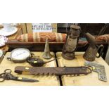 SELECTION OF VINTAGE ITEMS INCLUDING SALTER WEIGHING BALANCE, HURRICANE LAMP, OIL JUG AND OTHER