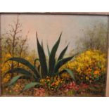 Agave amongst yellow and pink flowers, oil on board, signed Guido Odierna lower right (22cm x 28.