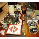 SELECTION OF VINTAGE HOME WARE INCLUDING TABLE MIRROR, MANTLE CLOCKS, COMMERCIAL TIN, CUTLERY AND