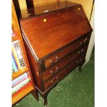 MAHOGANY INLAID AND BOXWOOD STRUNG THREE DRAWER BUREAU (A/F)