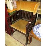 MAHOGANY FRAMED ARMCHAIR WITH UPHOLSTERED SEATS AND UPHOLSTERED BACKREST AND WINGS (A/F)