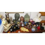 SELECTION OF DECORATIVE ITEMS INCLUDING GLASS PAPERWEIGHT, BRONZE EFFECT BUST, RESIN FIGURE OF