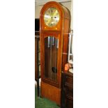 1930'S STYLE DOME TOP MAHOGANY LONG CASE CLOCK WITH GLAZED PANEL DOOR TO FRONT AND THREE CHROMED