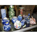 SELECTION OF CHINESE STYLE POTTERY AND PORCELAIN INCLUDING GINGER JARS, VASES, RABBIT FIGURES AND