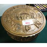 CIRCULAR JEWELLERY BOX MOULDED WITH VILLAGE SCENES AND FIGURES WITH HINGED LID AND ONE KEY