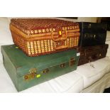 THREE VINTAGE LEATHER SUIT AND TRAVEL CASES TOGETHER WITH WICKER HAMPER