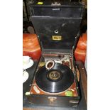 VINTAGE HIS MASTERS VOICE 78RPM RECORD PLAYER WITH TWO TINS OF NEEDLES