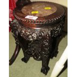 SMALL CARVED HARDWOOD PLANT STAND WITH INSET MARBLE TOP