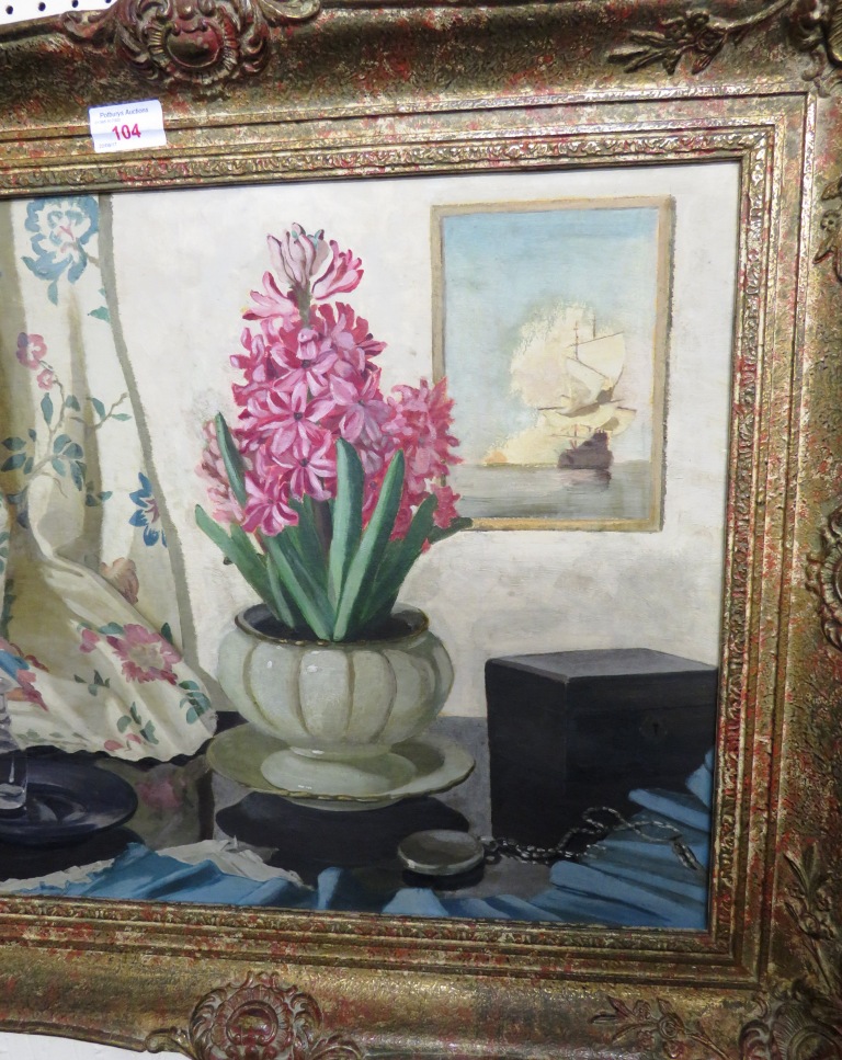 FRAMED OIL ON BOARD STILL LIFE IN GILT FRAME, LABELLED VERSO 'THE HYACINTH BERTHA OLYETT' - Image 4 of 8