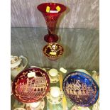 COLOURED GLASS VASE AND THREE DISHES, WITH GILT DECORATION OF PIAZZAS AND BUILDINGS ETC