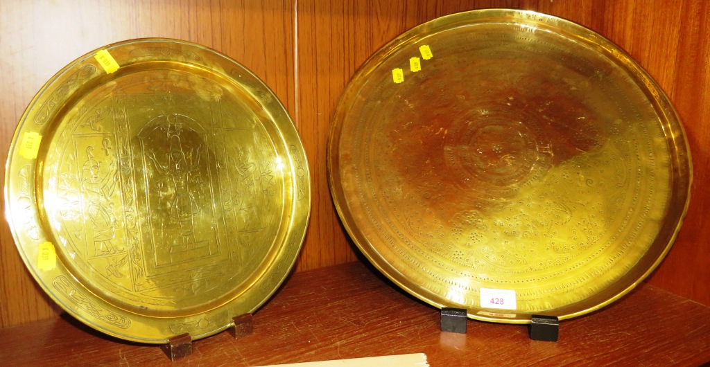 LARGE ENGRAVED ANTIQUE WORN BRASS TRAY WITH PERSIAN OR EASTERN STYLE ANIMALS AND LEAPING FIGURES