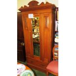 EDWARDIAN RED WALNUT SINGLE DOOR WARDROBE WITH MIRRORED DOOR, CARVED PANELS, AND SINGLE DRAWER TO