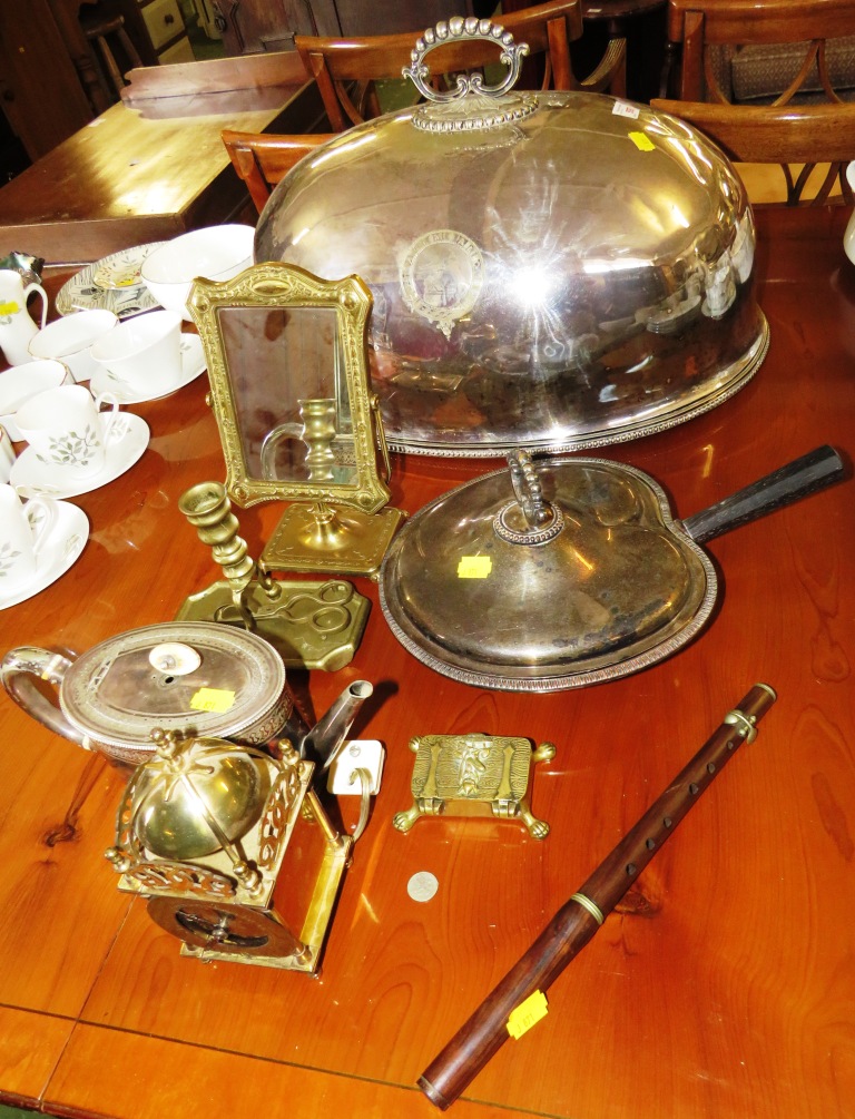 LARGE SILVER PLATED SERVING TRAY DOME WITH ENGRAVED MOTTO, SILVER PLATED SERVING DISH WITH EBONY