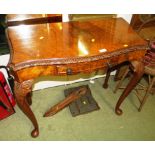 WALNUT VENEERED REPRODUCTION SERPENTINE HALL TABLE WITH SINGLE DRAWER STANDING ON MAHOGANY