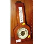 OAK MOUNTED BAROMETER AND MERCURY THERMOMETER