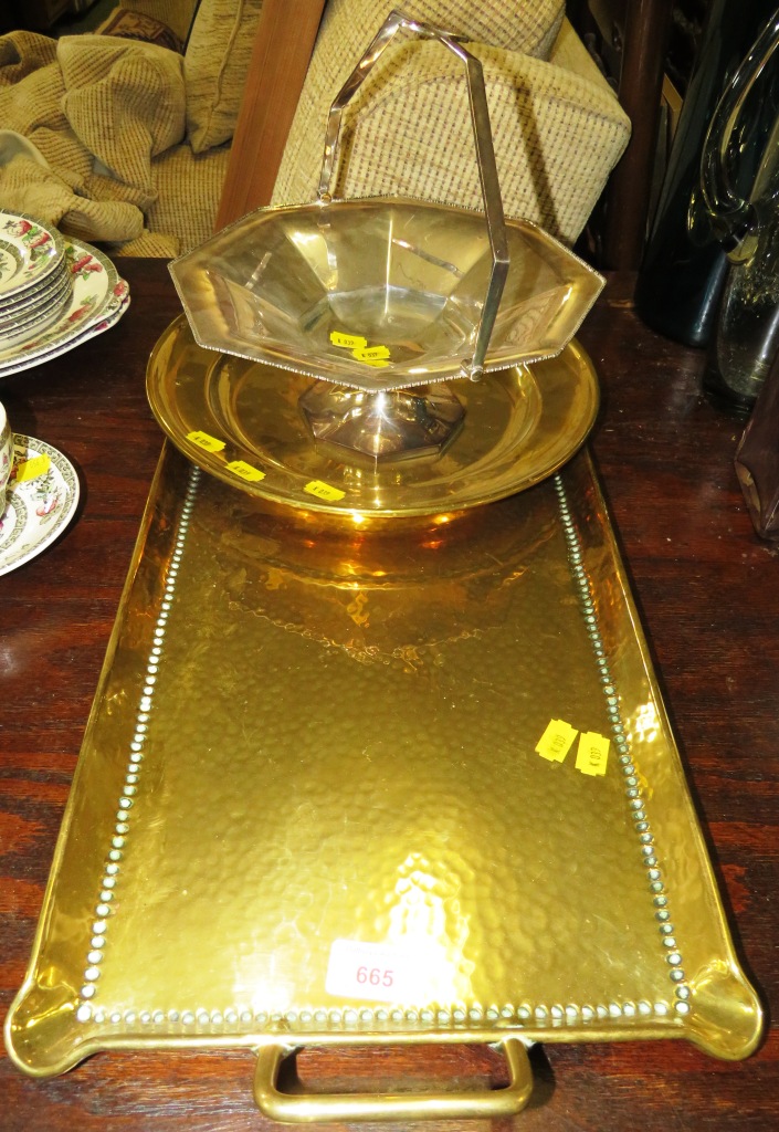 ARTS AND CRAFT BEATEN BRASS RECTANGULAR TRAY WITH HANDLES, MARKED 'OLBURY' TO UNDERSIDE, TOGETHER