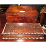 MAHOGANY JEWELLERY BOX WITH EBONY STRINGING (A/F) AND SMALL OAK LIFT TOP DRINK BOX