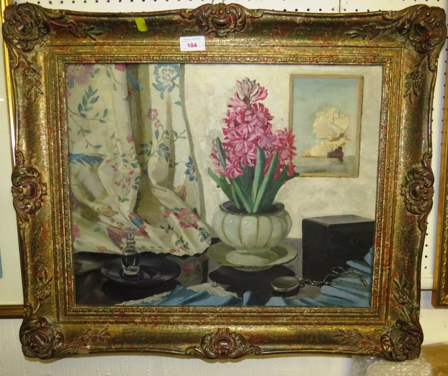 FRAMED OIL ON BOARD STILL LIFE IN GILT FRAME, LABELLED VERSO 'THE HYACINTH BERTHA OLYETT' - Image 2 of 8