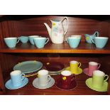 MID WINTER STYLE CRAFT PART COFFEE SERVICE TOGETHER WITH MEAKIN COLOURED COFFEE CUPS, SAUCERS AND