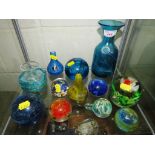 SELECTION OF DECORATIVE GLASS PAPERWEIGHTS TOGETHER WITH VASES AND MDINA GLASS JAR