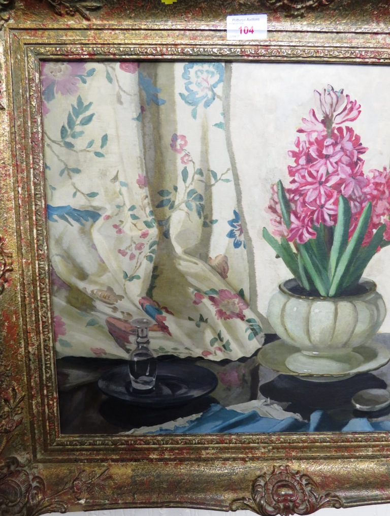 FRAMED OIL ON BOARD STILL LIFE IN GILT FRAME, LABELLED VERSO 'THE HYACINTH BERTHA OLYETT' - Image 3 of 8