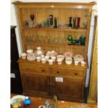 RUSTIC PINE DRESSER, WITH TWO PLATE SHELVES TO TOP AND TWO DRAWERS OVER TWO CUPBOARD DOORS TO BASE