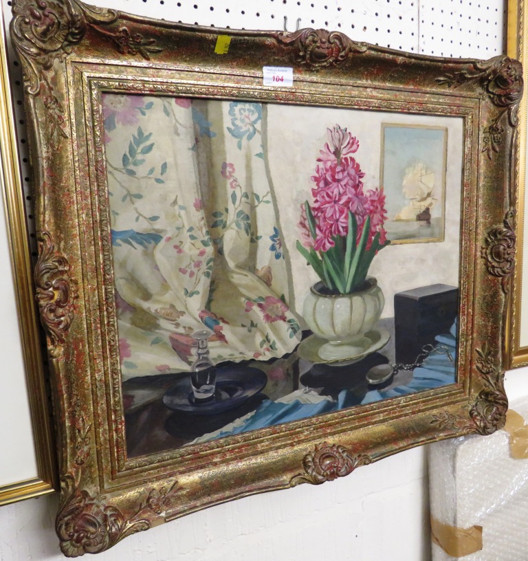 FRAMED OIL ON BOARD STILL LIFE IN GILT FRAME, LABELLED VERSO 'THE HYACINTH BERTHA OLYETT'