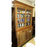 SUBSTANTIAL LIGHT OAK DRESSER WITH TWO SLIDING GLAZED DOORS, THREE SHELVES TO TOP, TWO DRAWERS AND