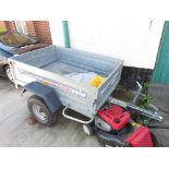 ERDE 142 ALUMINIUM TRAILER WITH COVER (KEY IN OFFICE) AND PAIR OF YELLOW PLASTIC WHEEL CHOCKS