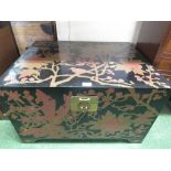 ORIENTAL STYLE BLACK LACQUERED LIFT TOP BLANKET BOX DECORATED WITH BIRDS AND FLOWERS