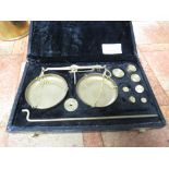 SET OF BRASS WEIGHING SCALES IN CASE (A/F)