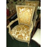 PAIR OF CLASSICAL STYLE SALON CHAIRS WITH PALE GOLD FLORAL UPHOLSTERED SEATS, BACKS AND ARMS