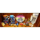 SHELF OF DISNEY SOUVENIRS AND COLLECTABLES INCLUDING DISPLAY PLATE, THIMBLES AND ORNAMENTS