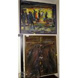 FRAMED OIL ON BOARD OF STYLIZED CRUCIFIXION SCENE AND OIL ON CANVAS OF NIGHT TIME SCENE