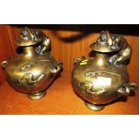 PAIR OF BRONZE EFFECT BRASS VASES WITH STYLIZED FIGURES AND MAKER'S MARK TO BASE