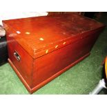 LARGE STAINED PINE LIFT TOP BLANKET BOX ON WHEELS WITH METAL HANDLES